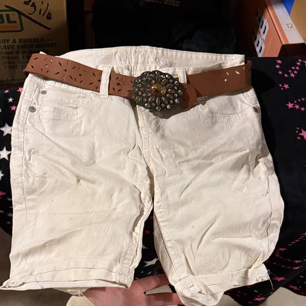 Wallflower Cream Jean Shorts with Brown Belt